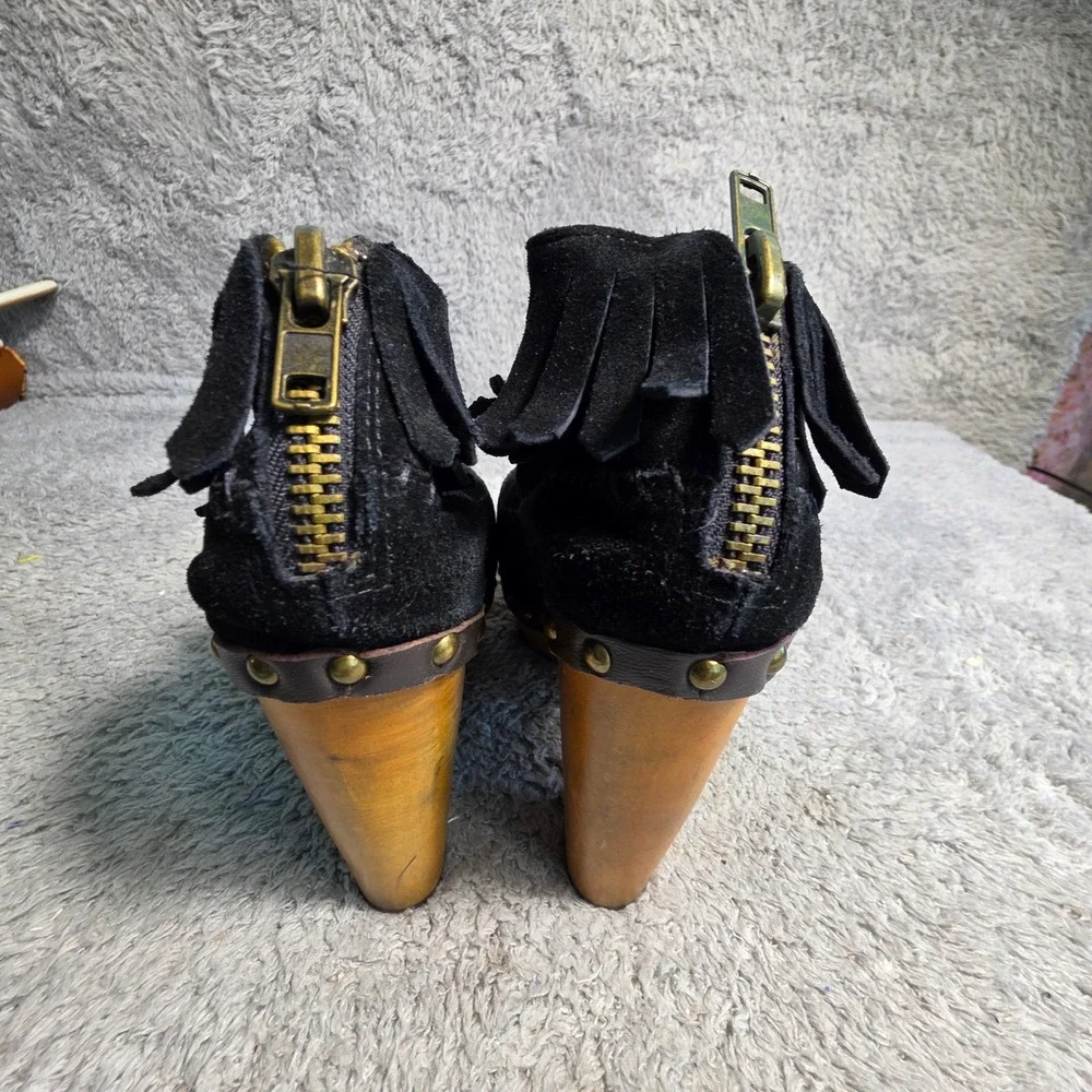 Flogg Moccasin Clog Booties Black Suede Fringe Studded Wood Heel Womens 7.5‎